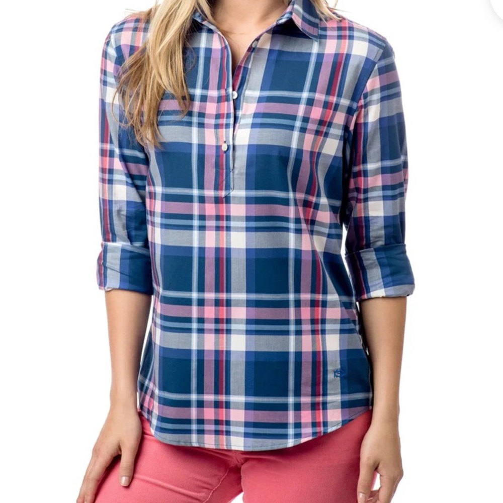 Southern Tide Women's Button Down Plaid Shirt Coastal Prep Navy / Pink Preppy L